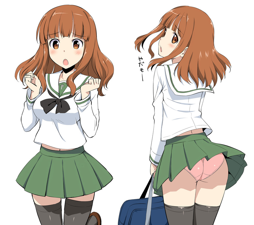 :o ass bag bangs black_legwear blouse blunt_bangs blush brown_footwear clenched_hands cross crotch_seam forearms_at_chest from_behind girls_und_panzer green_skirt holding loafers long_hair long_sleeves looking_at_viewer looking_back miniskirt multiple_views neckerchief ooarai_school_uniform orange_eyes orange_hair panties pink_panties pleated_skirt school_uniform serafuku shoes simple_background skirt skirt_flip standing takayaki takebe_saori thighhighs translated turnaround underwear white_background white_blouse zettai_ryouiki