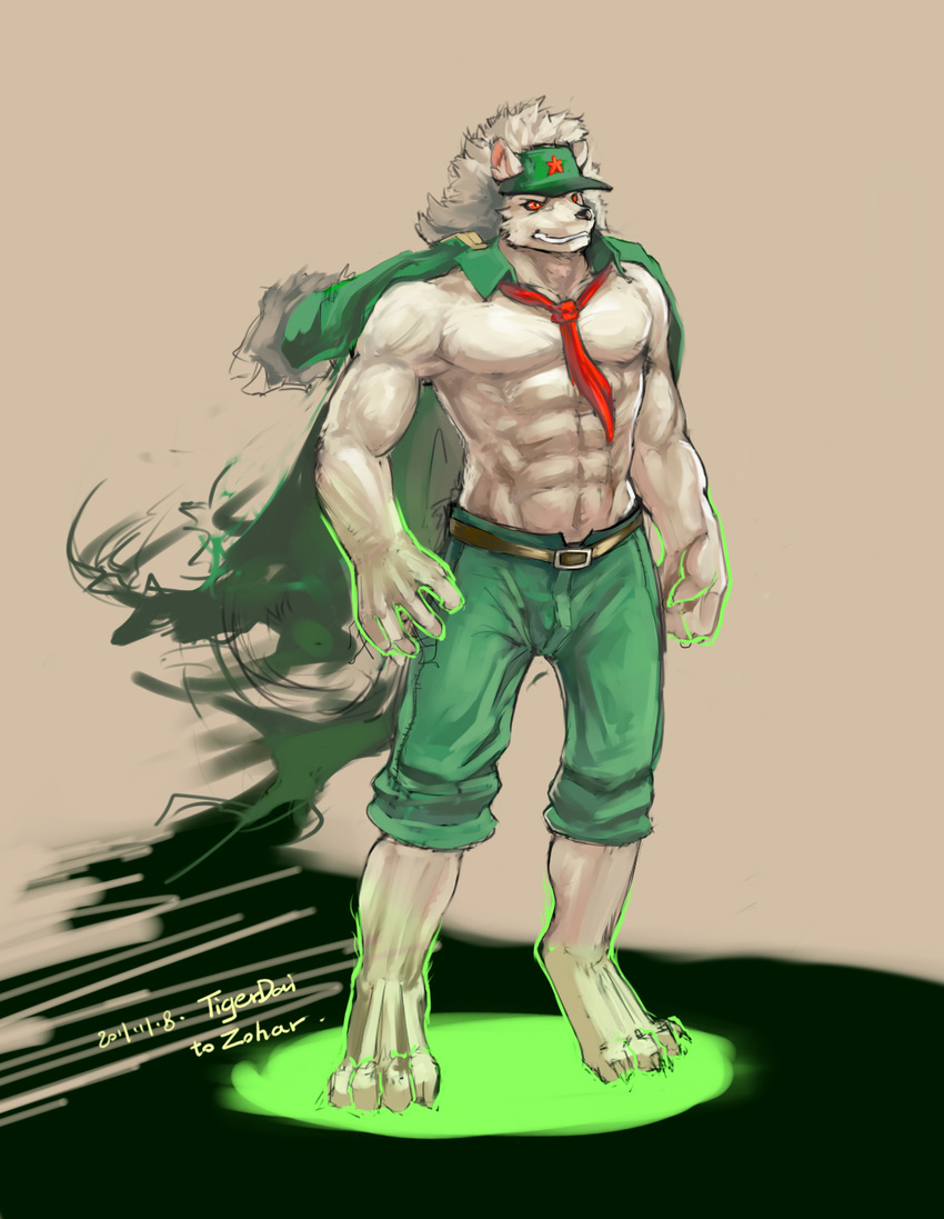 belt biceps black_nose canine clenched_teeth clothed clothing fur grin half-dressed hat male mammal muscles necktie pecs red_eyes shorts solo standing teeth tigerdai topless vein white_fur