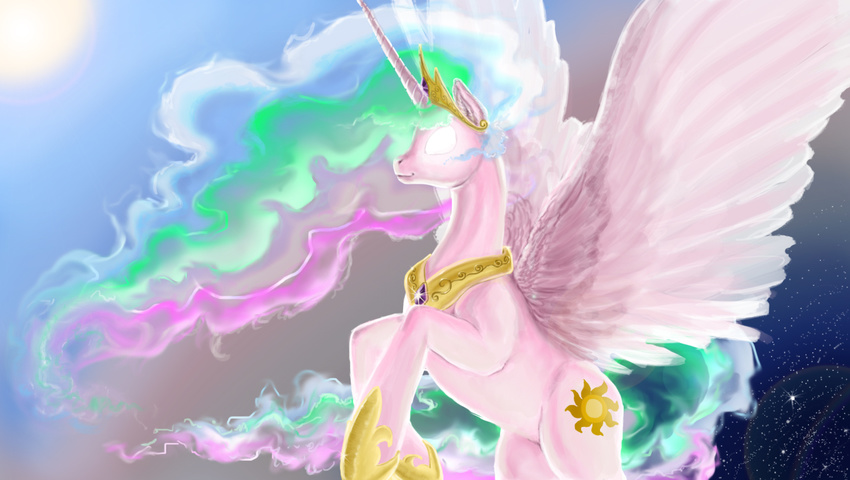 crown cutie_mark equine female feral finalchara friendship_is_magic fur glowing glowing_eyes hair horn horse mammal multi-colored_hair my_little_pony necklace pony princess princess_celestia_(mlp) royalty solo space stars white_fur winged_unicorn wings