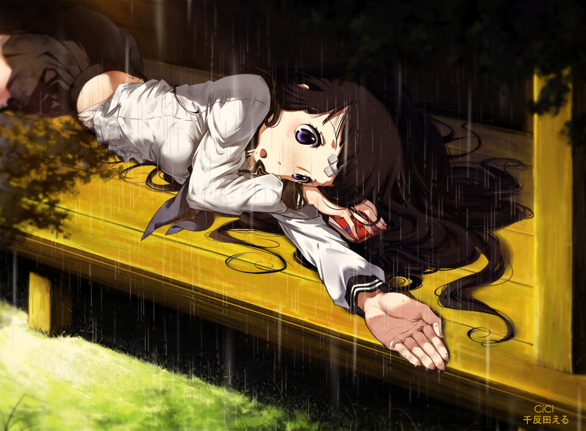 :o bandaid bandaid_on_forehead black_hair book chitanda_eru cici hands hyouka long_hair lying on_side purple_eyes rain school_uniform serafuku skirt solo veranda