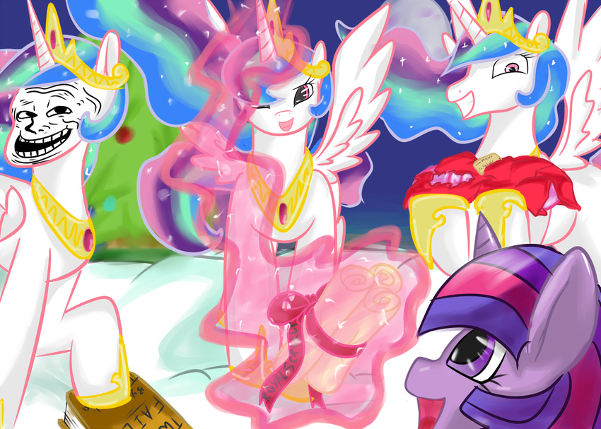 crown equine female feral friendship_is_magic grin hair happy holidays horn horse magic mammal meme multi-colored_hair my_little_pony pink_eyes pony princess_celestia_(mlp) purple_eyes saurian_(artist) smile snow square_crossover tiara tree trollface twilight_sparkle_(mlp) two_tone_hair unicorn winged_unicorn wings