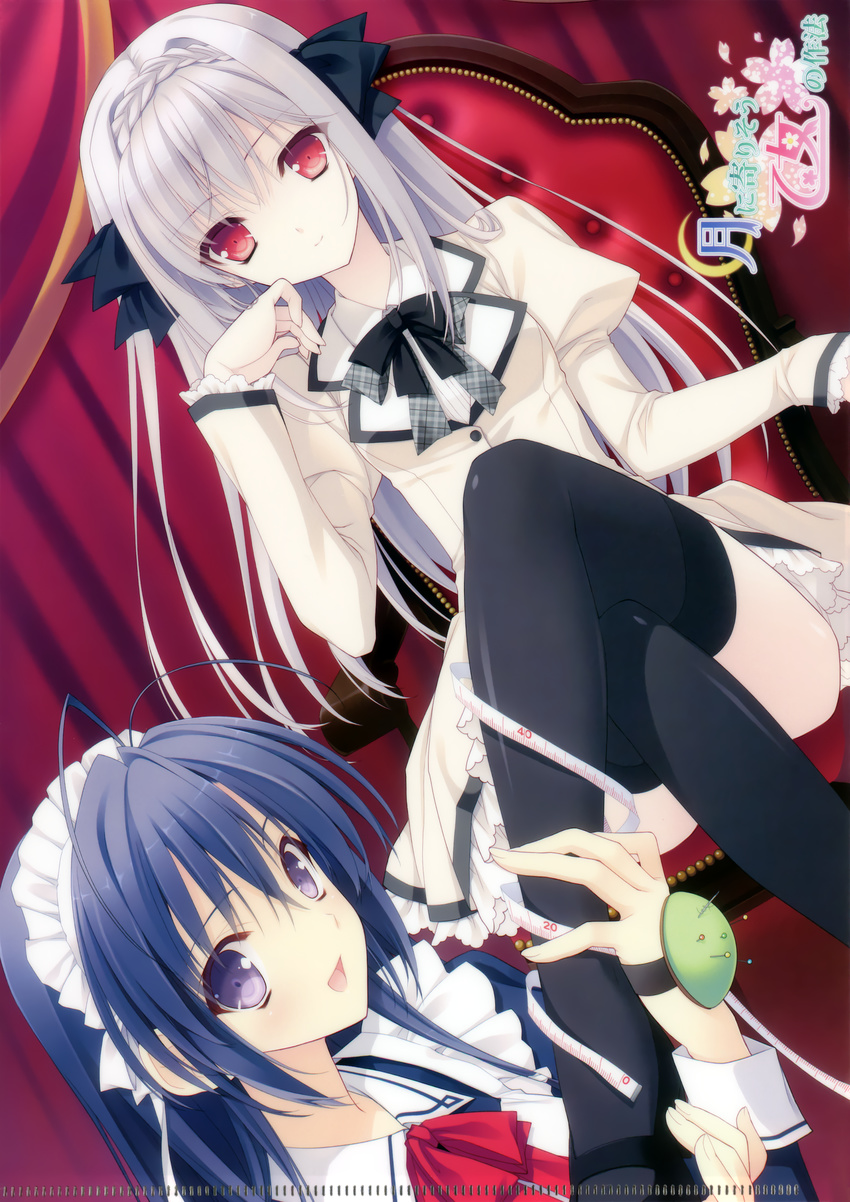 1girl :d absurdres black_legwear blue_hair chair crossed_legs dutch_angle highres kokura_asahi legs maid open_mouth otoko_no_ko purple_eyes red_eyes sakurakouji_luna school_uniform sitting smile suzuhira_hiro tape_measure thighhighs tsuki_ni_yorisou_otome_no_sahou white_hair