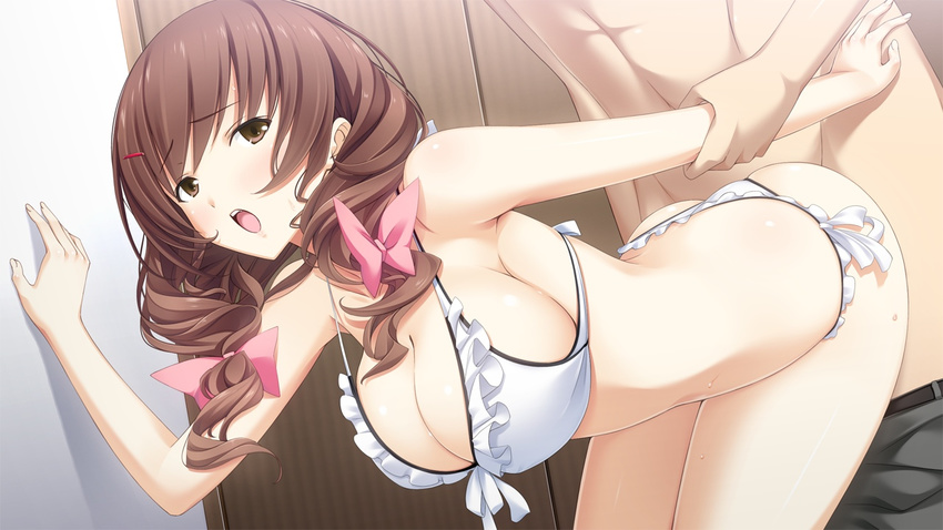 1girl bent_over bikini blush breasts brown_eyes brown_hair cleavage from_behind game_cg hair_ornament hairclip hotch_kiss large_breasts long_hair looking_back mikoto_akemi open_mouth sex swimsuit vaginal
