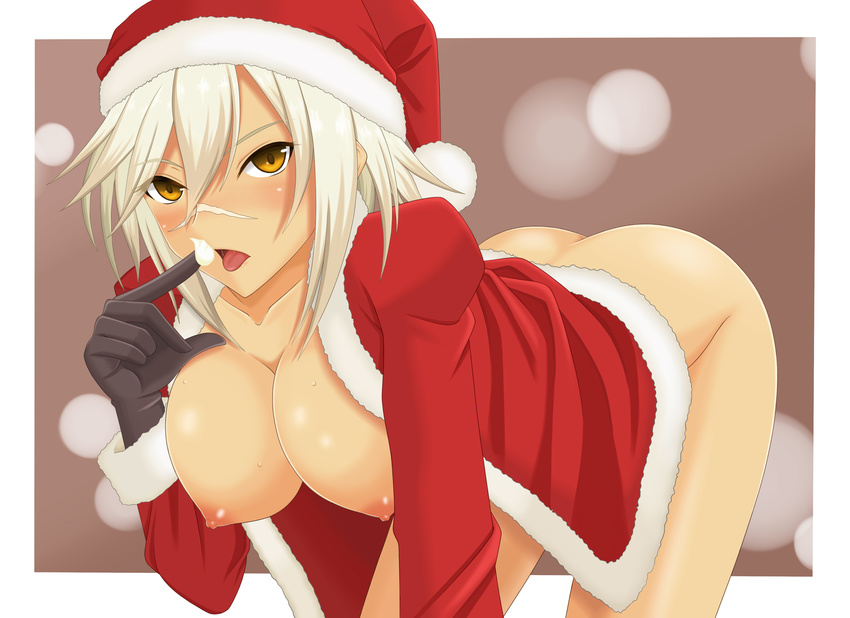 absurdres bent_over blazblue blazblue:_chronophantasma blush bottomless breasts bullet_(blazblue) christmas cream esuto gloves hat highres jacket large_breasts md5_mismatch nipples santa_costume santa_hat scar short_hair solo sweat thighs tongue topless white_hair yellow_eyes