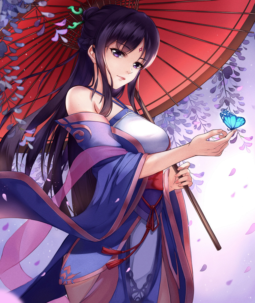 1girl animal bare_shoulders blue_kimono blurry blurry_foreground braid breasts bug butterfly butterfly_on_finger closed_mouth commentary_request depth_of_field fingernails hair_bun highres holding holding_umbrella insect japanese_clothes kimono liu_guniang long_hair long_sleeves looking_at_viewer medium_breasts oriental_umbrella petals purple_eyes purple_hair red_umbrella sidelocks solo standing umbrella very_long_hair wide_sleeves xian_jian_qi_xia_zhuan