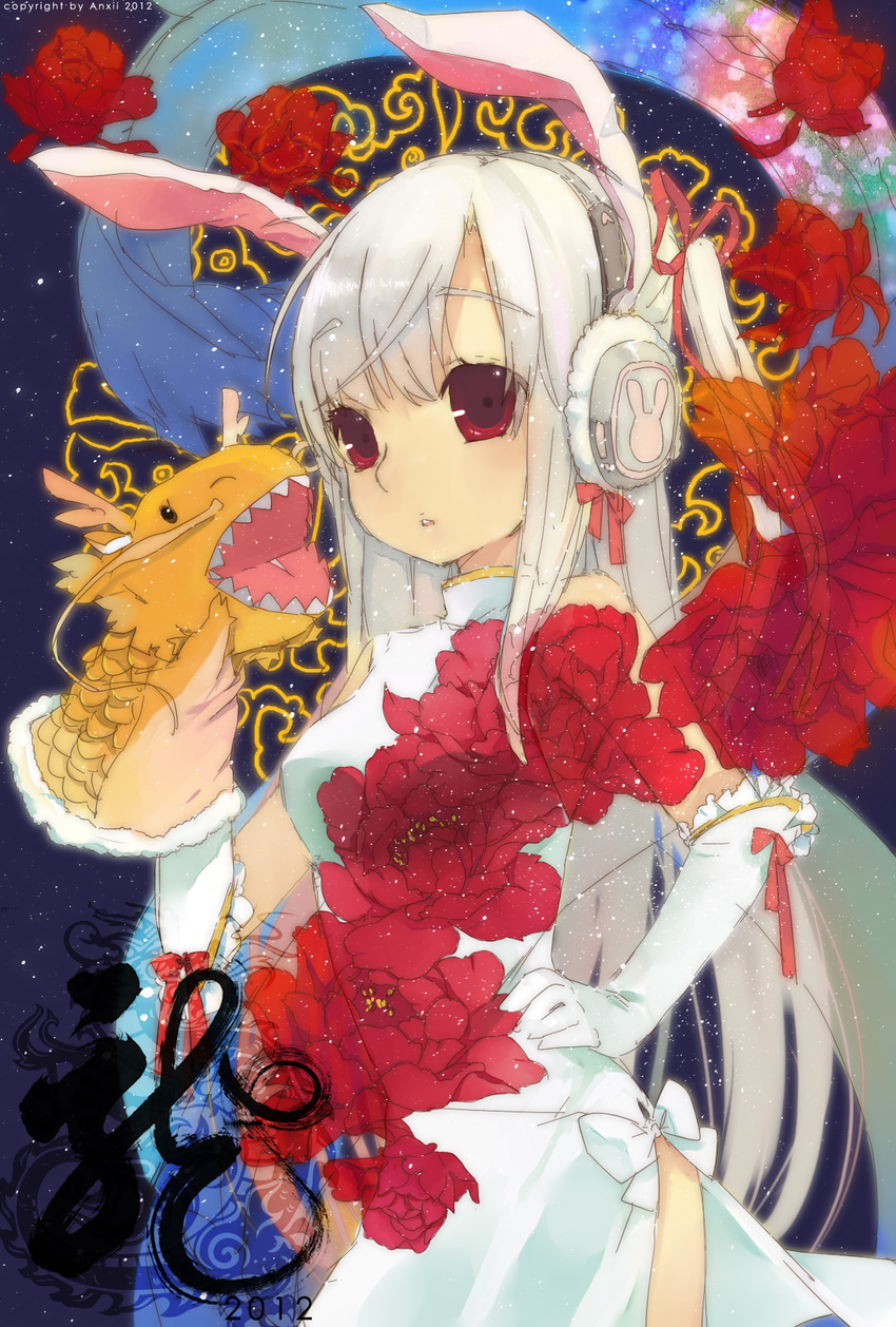 acidear alternate_costume alternate_hair_color animal_ears bad_id bad_pixiv_id bunny_ears china_dress chinese_clothes dress elbow_gloves flower gloves hand_on_hip hand_puppet headphones highres long_hair puppet red_eyes reisen_udongein_inaba solo touhou white_gloves white_hair