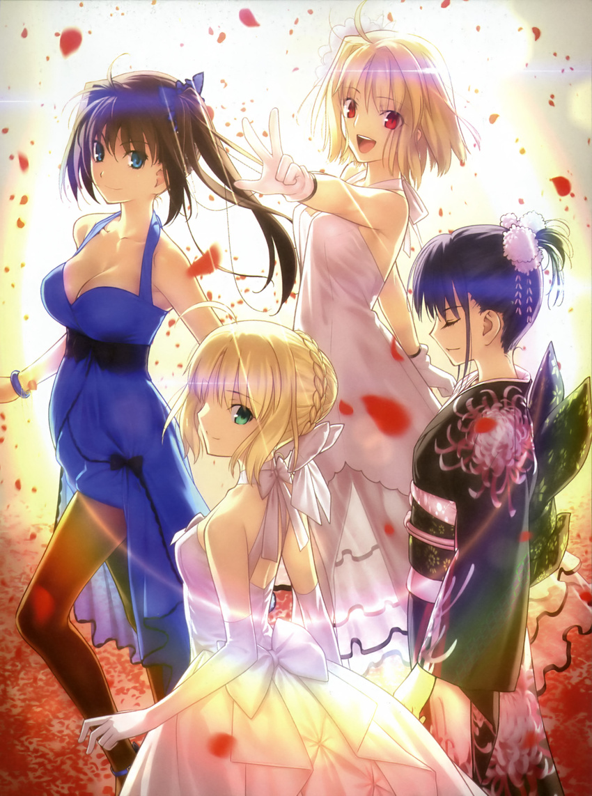 absurdres ahoge aozaki_aoko arcueid_brunestud artoria_pendragon_(all) blonde_hair blue_eyes bow breasts brown_hair cleavage closed_eyes collaboration dress elbow_gloves fate/stay_night fate_(series) flower gloves gown green_eyes hair_bow hair_flower hair_ornament hair_up highres japanese_clothes kara_no_kyoukai kimono koyama_hirokazu long_hair long_legs mahou_tsukai_no_yoru medium_breasts multiple_girls obi pantyhose petals red_eyes ryougi_shiki saber sash scan short_ponytail side_ponytail smile sunlight takeuchi_takashi tsukihime twintails type-moon