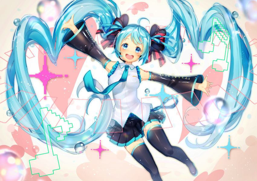 1girl :d absurdres armpits bare_shoulders beamed_eighth_notes black_ribbon blue_eyes blue_hair blue_nails blue_neckwear blue_ribbon blurry breasts bubble depth_of_field detached_sleeves eighth_note eyebrows_visible_through_hair fingernails gradient gradient_background hair_ribbon happy hatsune_miku heart heart_background highres jumping komadori_ui long_hair looking_at_viewer musical_note nail_polish necktie open_mouth outstretched_arms pink_background ribbon shaded_face shirt simple_background skirt sleeveless sleeveless_shirt smile solo sparkle_background thighhighs thighs twintails upper_teeth very_long_hair vocaloid water_drop white_background white_shirt