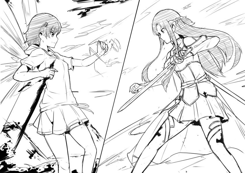 absurdres asuna_(sao) crossover greyscale highres julioalqae long_hair misaka_mikoto monochrome multiple_girls short_hair skirt smile sword_art_online to_aru_kagaku_no_railgun to_aru_majutsu_no_index weapon