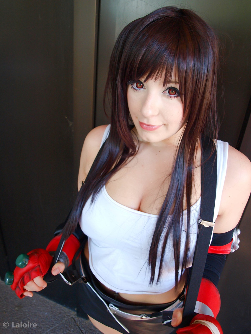 breasts cleavage cosplay final_fantasy final_fantasy_vii fingerless_gloves gloves highres k-a-n-a kana large_breasts long_hair miniskirt photo photo_shop photoshop skirt square_enix suspenders tank_top tifa tifa_lockhart tifa_lockhart_(cosplay) very_long_hair