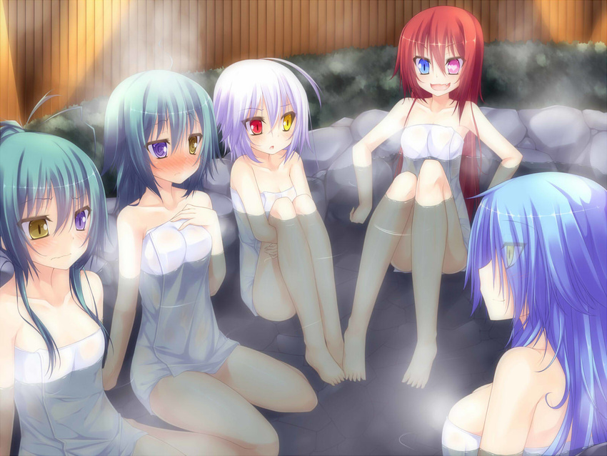 5girls :&lt; ahoge al_bhed_eyes aqua_hair bare_shoulders barefoot blue_eyes blue_hair blush breast_envy breasts cleavage fang fiona_ron'vu~arudi fiona_ron'vu~arudi francesca_alberti frown hair_ornament hair_ribbon hair_up hairclip heart heterochromia highres large_breasts larme_noir leg_hug leura_arcane long_hair multiple_girls onsen open_mouth original ponytail purple_eyes rebecca_arcane red_eyes red_hair ribbon short_hair sitting slit_pupils small_breasts smile suterii symbol-shaped_pupils towel twintails very_long_hair water white_hair yellow_eyes