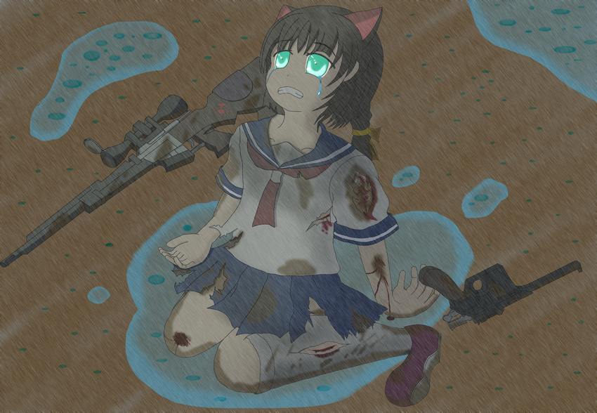 1girl animal_ears black_hair blood braid cat_ears crying from_above green_eyes gun guro hair_ribbon highres milly_(paperman) on_floor otoha007 pain paper_man paperman ribbon rifle school_uniform sitting tears torn_clothes twin_braids weapon