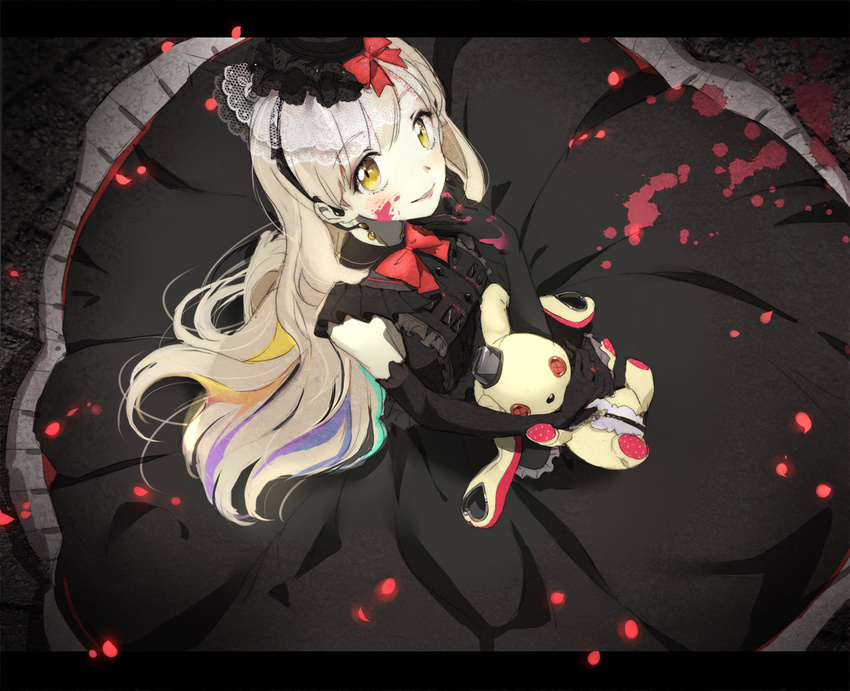 bad_id bad_pixiv_id black_dress blonde_hair blood blood_splatter dress elbow_gloves from_above gloves gothic_lolita hat letterboxed lolita_fashion long_hair looking_at_viewer looking_up mayu_(vocaloid) multicolored_hair pale_skin smile solo stuffed_animal stuffed_bunny stuffed_toy ume_(plumblossom) usano_mimi vocaloid yandere
