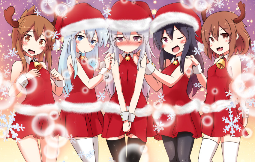 5girls akatsuki_(kantai_collection) alternate_costume bell black_legwear blue_eyes blush brown_eyes brown_hair child christmas closed_mouth commentary dress eyebrows_visible_through_hair facial_scar folded_ponytail gangut_(kantai_collection) hair_between_eyes hibiki_(kantai_collection) highres horns ikazuchi_(kantai_collection) inazuma_(kantai_collection) kantai_collection long_hair looking_at_viewer messy_hair multiple_girls open_mouth purple_eyes purple_hair santa_costume santa_dress scar scar_on_cheek short_hair silver_hair snowflakes thighhighs white_legwear younger yuu_(alsiel)