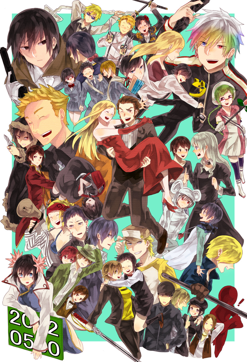 6+girls animal_helmet annotated awakusu_akane baccano! black_hair blonde_hair blue_eyes blue_hair bob_cut bodysuit bow bowtie braid brown_eyes brown_hair carla_alvarez_santonia carrying celty_sturluson child cigarette closed_eyes coat creator_connection czeslaw_meyer dress dullahan durarara!! ei_li_lei ei_yi_li elmer_albatross ennis etsusa_oohashi everyone fan ferret_von_balstein firo_prochainezo flower formal fur_trim gerhard_von_balstein ginjima_summer glasses gloves graham_spector gun hair_flower hair_ornament hat heiwajima_shizuo helmet heterochromia highres huey_laforet inui_hayato isaac_dian ishibashi_aiji jacket kadota_kyouhei karisawa_erika katana kelly_yatsufusa kida_masaomi kirino_yua kishitani_shinra kugi_seiichi kuragesaki kuzuhara_souji labcoat long_hair maria_barcelito michael_dietrich miria_harvent monica_campanella motorcycle_helmet multiple_boys multiple_girls necktie nejiro_kanata orihara_izaya princess_carry red_eyes red_hair ryuugamine_mikado sahara_jun school_uniform scissors sekai_no_chuushin_hariyama-san short_hair skirt smile sonohara_anri suit sunglasses sword tick_jefferson togusa_saburou vamp! vest weapon yasojima_misaki yellow_bridgestone yellow_eyes yumasaki_walker