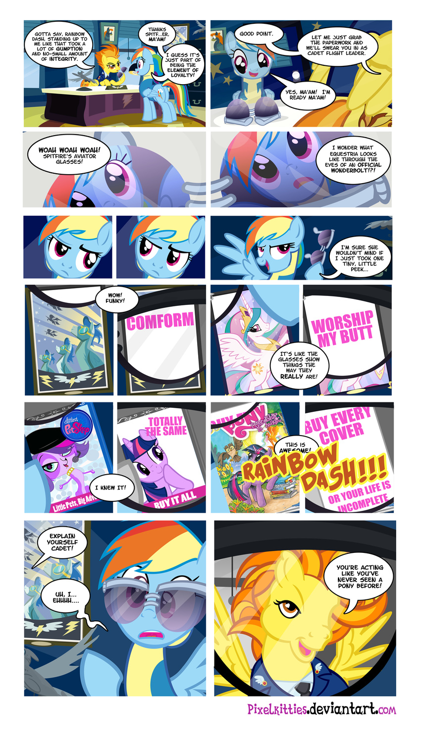 advertisement bodysuit brown_eyes canine comic crown desk dialog dialogue dog english_text equine eyewear female feral friendship_is_magic glasses hair horn horse littlest_pet_shop mammal multi-colored_hair my_little_pony necktie orange_hair parody pegasus pixelkitties pony poster pound_puppies princess princess_celestia_(mlp) propaganda purple_eyes rainbow_dash_(mlp) royalty skinsuit spitfire_(mlp) suit sunglasses text they_live twilight_sparkle_(mlp) two_tone_hair unicorn wings wonderbolts_(mlp) zoe_trent