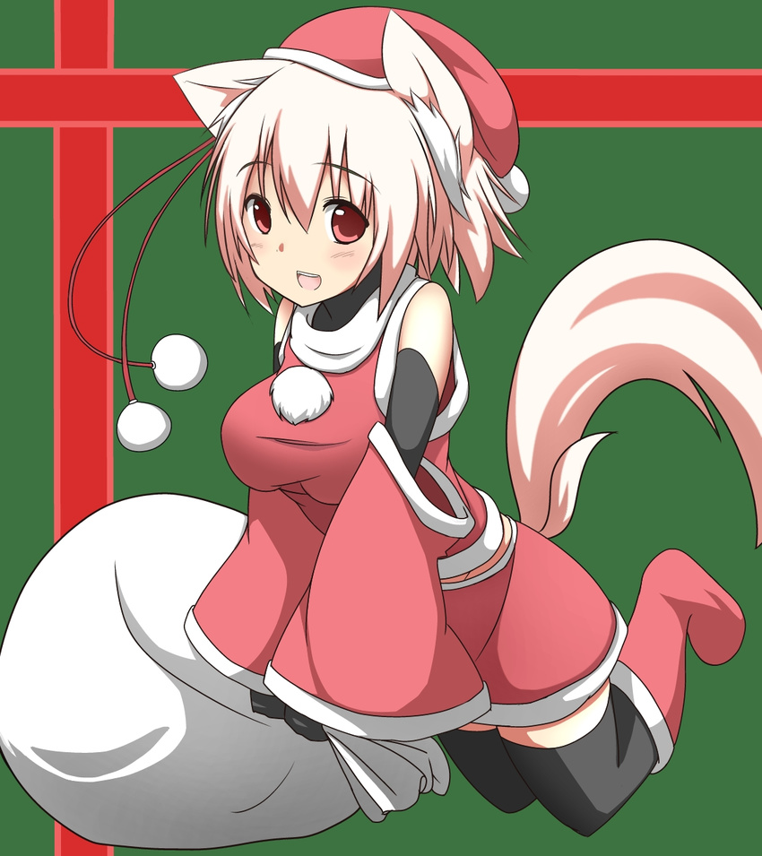 alternate_costume animal_ears bag black_gloves black_legwear blush boots breasts detached_sleeves gloves hat hat_ribbon highres inubashiri_momiji large_breasts looking_at_viewer mii_(makosuke) open_mouth red_eyes ribbon santa_boots santa_costume santa_hat short_hair silver_hair smile solo tail thighhighs touhou wolf_ears wolf_tail zettai_ryouiki