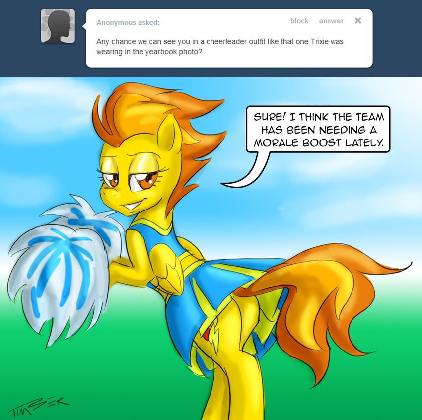 butt cheerleader clothing dialog dialogue english_text equine female feral friendship_is_magic hair horse looking_at_viewer looking_back mammal my_little_pony pegasus pluckyninja pom_poms pompom pony smile spitfire_(mlp) text timber_(artist) tumblr two_tone_hair wings wonderbolts_(mlp)