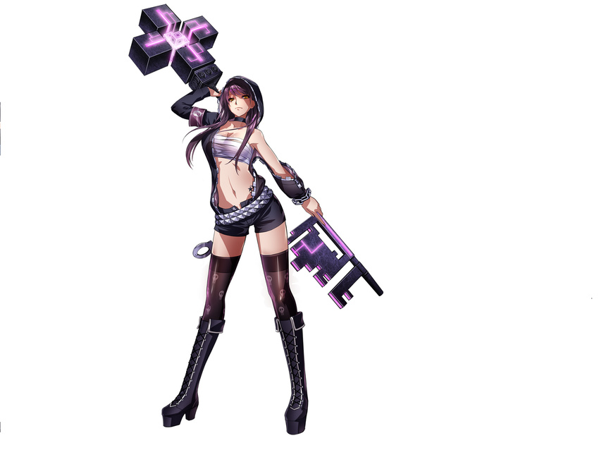 artist_request boots highres key purple_hair s4_league shorts solo yellow_eyes