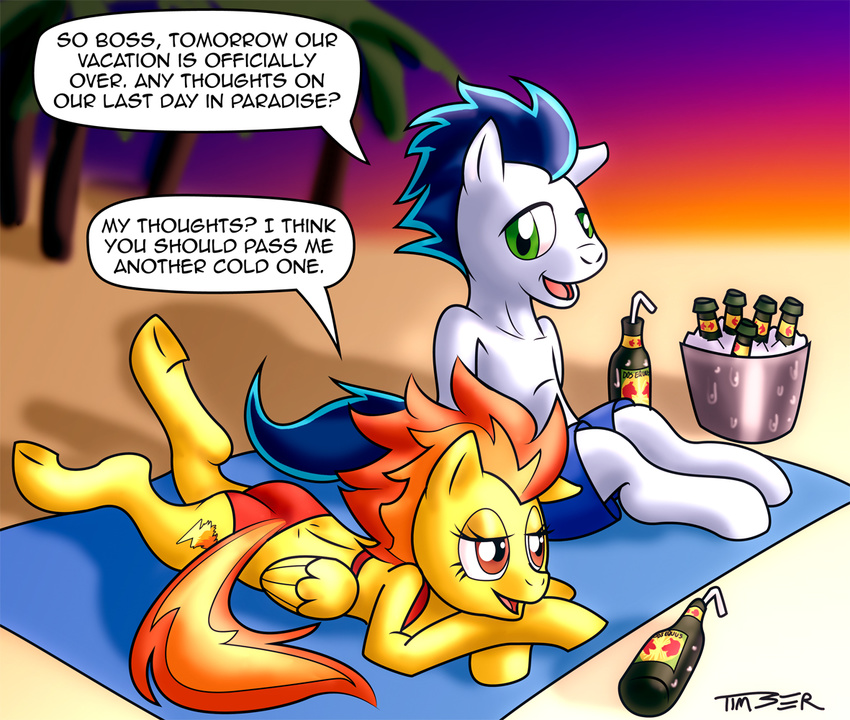 bikini blue_hair butt clothed clothing cutie_mark dialog dialogue english_text equine female feral friendship_is_magic green_eyes hair horse male mammal my_little_pony pegasus pluckyninja pony skimpy soarin_(mlp) spitfire_(mlp) swimsuit text tight_clothing timber_(artist) two_tone_hair wings wonderbolts_(mlp)