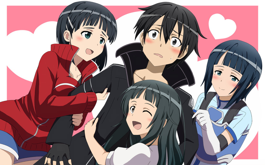 3girls :d ;d black_eyes black_hair blush collarbone elbow_gloves fingerless_gloves gloves green_eyes harem heart hime_cut hug jacket kamelie kirigaya_suguha kirito look-alike mole mole_under_eye multiple_girls one_eye_closed open_mouth sachi_(sao) short_hair smile sword_art_online track_jacket yui_(sao)