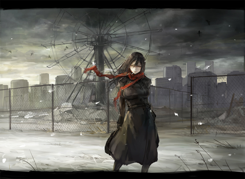 bird black_eyes black_hair chain-link_fence cigarette city cloud cloudy_sky coat expressionless fence ferris_wheel glasses junk letterboxed long_hair looking_at_viewer monochrome original red_scarf scarf scenery sky smoking snow solo spot_color standing tori_(qqqt) wind