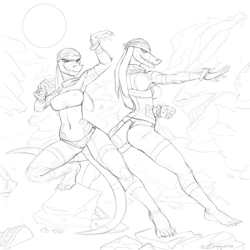 actionpose anthro bandanna bandit_twins barefoot bikini breasts clothed clothing female fighting_stance gloves lizard monochrome pose reptile robotjoe rocks scalie sculpture sheretsa sibling sisters skimpy solo statue sun swimsuit thong tight_clothing tube_top twins uncolored zaggatar