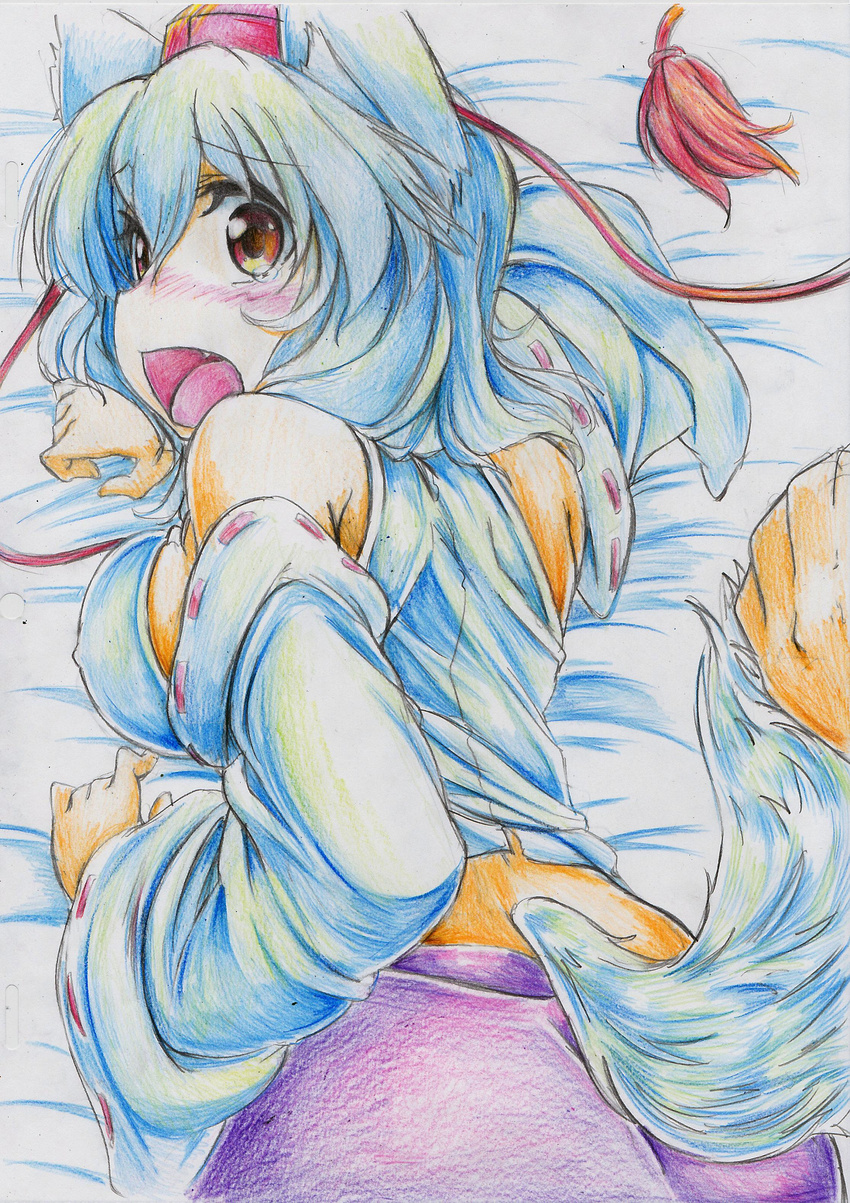absurdres animal_ears bare_shoulders blush breasts colored_pencil_(medium) detached_sleeves from_behind hat highres inubashiri_momiji kitazinger large_breasts looking_back open_mouth red_eyes short_hair silver_hair solo tail tail_grab tokin_hat touhou traditional_media wolf_ears wolf_tail