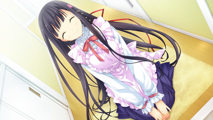 black_hair game_cg kanojo_to_ore_to_koibito_to long_hair maid marui mihagino_ayano pulltop