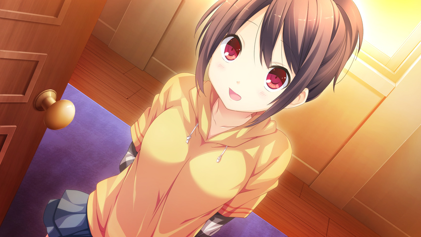 brown_hair close game_cg kanojo_to_ore_to_koibito_to marui mihagino_konoka pulltop red_eyes