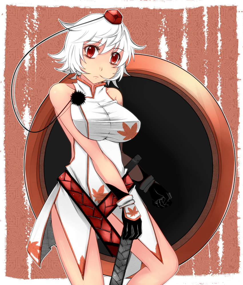 alternate_costume aoshima breasts dress gloves hat highres impossible_clothes impossible_shirt inubashiri_momiji large_breasts red_eyes shield shirt short_hair sleeveless sleeveless_dress solo sword tokin_hat touhou weapon white_hair