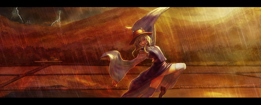 blonde_hair blue_eyes bukimi_isan cloud cloudy_sky dancing detached_sleeves hat highres leg_up letterboxed lightning moriya_suwako mountain rain scenery short_hair sky solo thighhighs touhou white_legwear