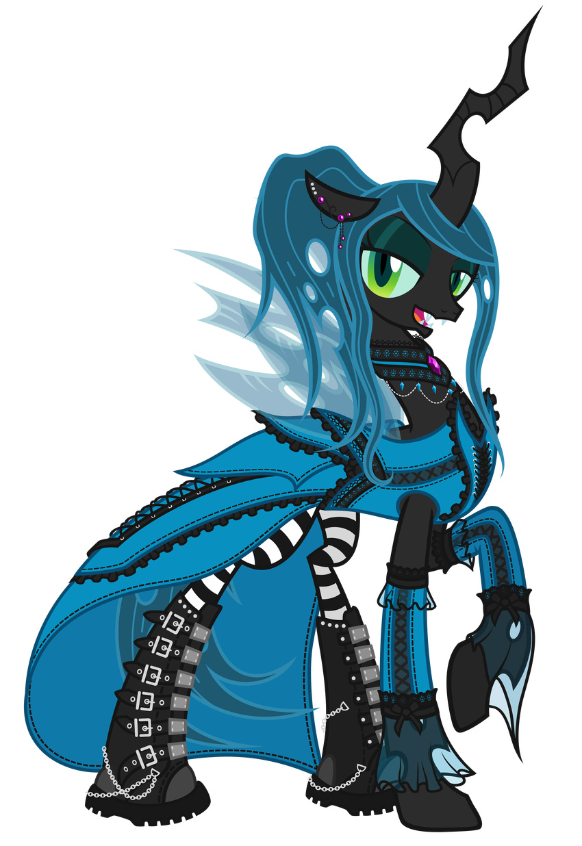 alpha_channel boots chain changeling clothing corset dress ear_piercing elbow_gloves fangs female feral friendship_is_magic gabriev666 gloves goth green_eyes hair hi_res holes horn long_hair looking_at_viewer my_little_pony necklace piercing plain_background queen_chrysalis_(mlp) slit_pupils solo transparent_background wings