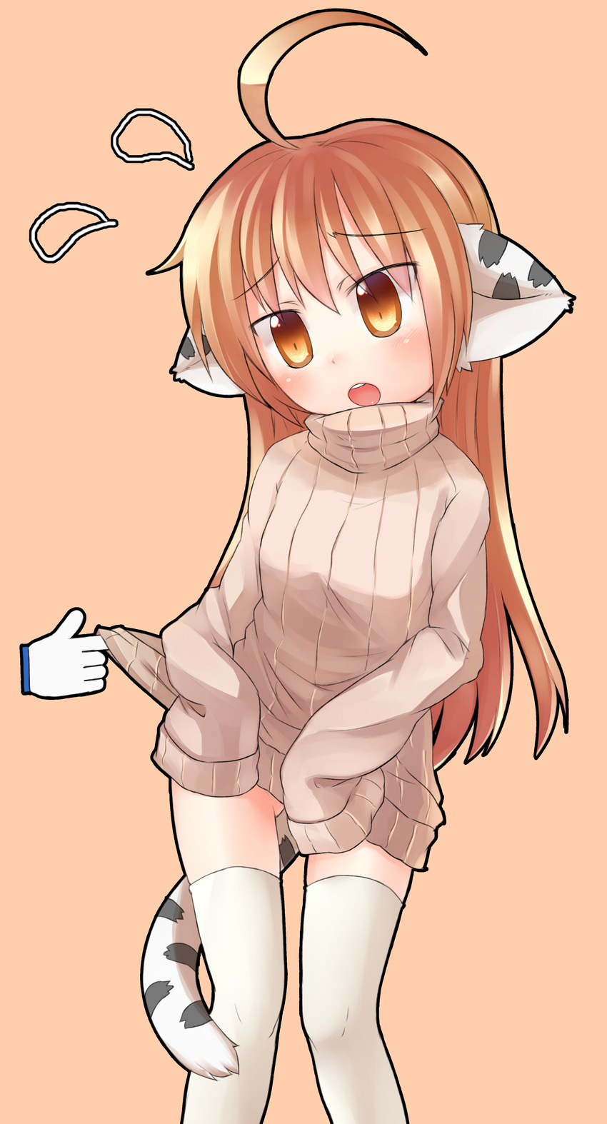 :o absurdres ahoge animal_ears blush brown_eyes brown_hair cat_ears cat_tail cursor flying_sweatdrops haruka_(ueno_musashi) highres long_hair original outline ribbed_sweater simple_background sleeves_past_wrists solo sweater tail thighhighs ueno_musashi white_legwear