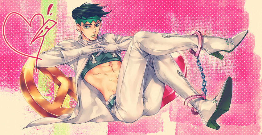 abs blue_eyes crop_top cuffs diamond_wa_kudakenai earrings fabulous gedoooo gloves green_hair green_lipstick handcuffs headband heart high_heels jewelry jojo_no_kimyou_na_bouken kishibe_rohan lipstick long_coat long_sleeves makeup male_focus midriff muscle peace_symbol sitting solo