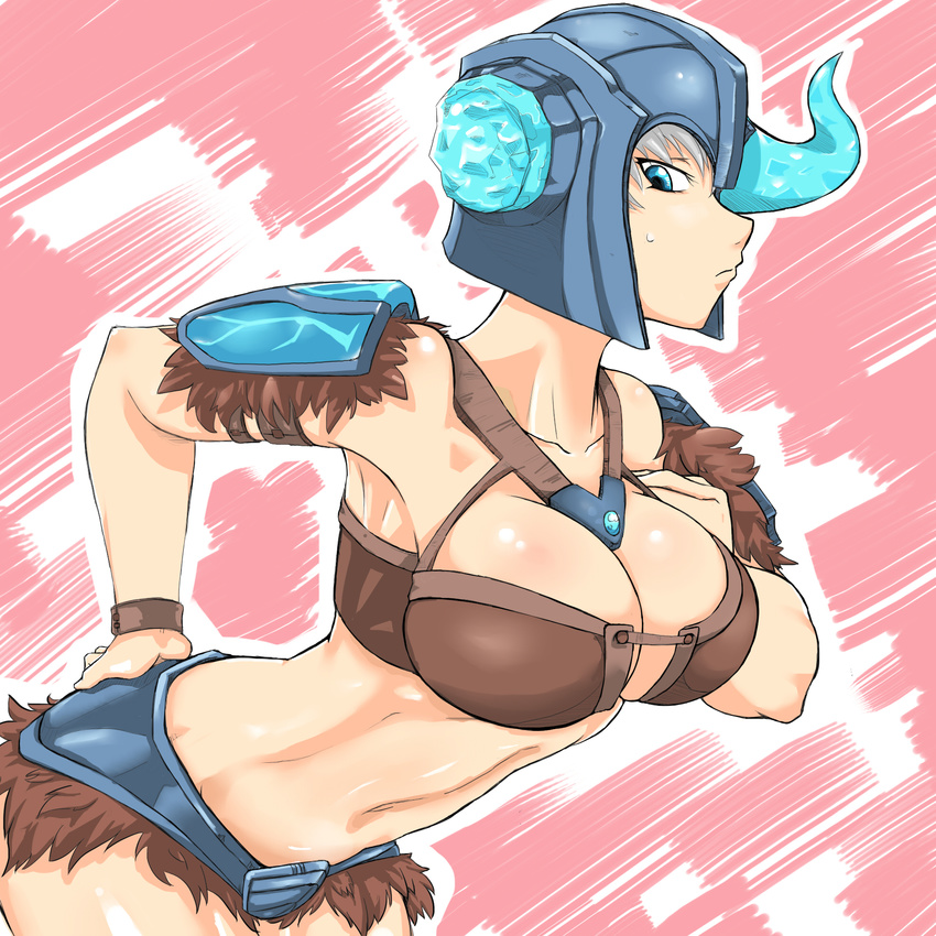1girl bent_over blue_eyes breasts cleavage frown helmet highres horn large_breasts league_of_legends midriff navel pink_background sejuani simple_background sweatdrop tears zei-minarai