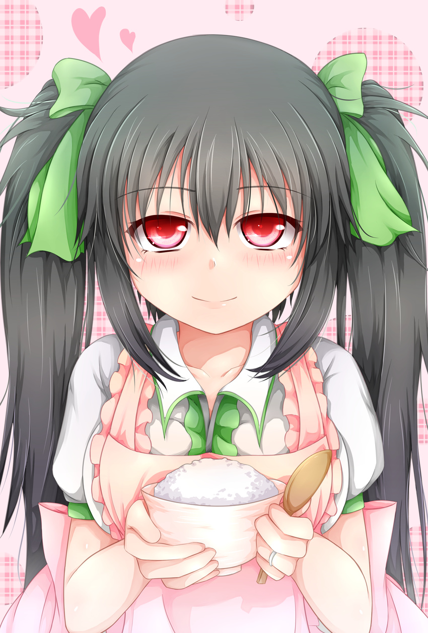 absurdres akkii_(meragold) alternate_hairstyle apron bad_id bad_pixiv_id black_hair blush bow bowl commentary food hair_bow heart highres jewelry long_hair looking_at_viewer puffy_sleeves red_eyes reiuji_utsuho rice ring shirt short_sleeves solo spoon touhou twintails upper_body