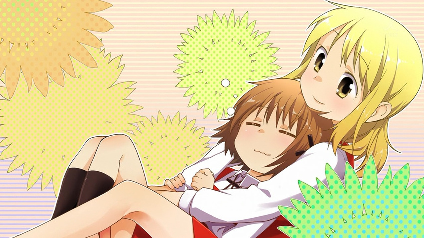 =_= arm_grab between_legs blonde_hair blush brown_hair end_card flower hair_ornament hairclip hidamari_sketch long_hair miyako multiple_girls non-web_source rui_tamachi school_uniform screencap short_hair sitting sitting_on_person sleepy smile yellow_eyes yuno