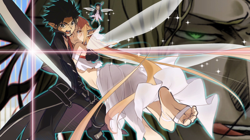 2girls :&lt; \o/ arms_up asuna_(sao) barefoot closed_mouth end_card fairy fairy_wings feet highres kirito kirito_(sao-alo) long_hair midriff minigirl multiple_boys multiple_girls o_o oberon_(sao) outstretched_arms pointy_ears screencap soles spoilers sword sword_art_online tanaka_masayoshi tears titania_(sao) toe_scrunch toenails toes v-shaped_eyebrows very_long_hair weapon wings yui_(sao) yui_(sao-alo)