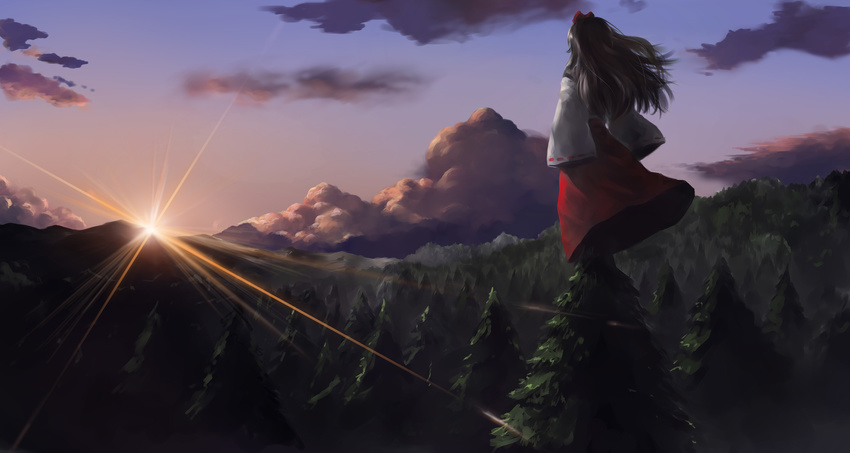 back bad_id bad_pixiv_id black_hair bow cloud floating_hair forest from_behind from_side gensoukyou hair_bow hakurei_reimu highres japanese_clothes light_rays long_hair long_skirt miko morning mountain nature red_bow red_skirt scenery skirt sky solo standing sun sunlight sunrise totuka touhou tree wind