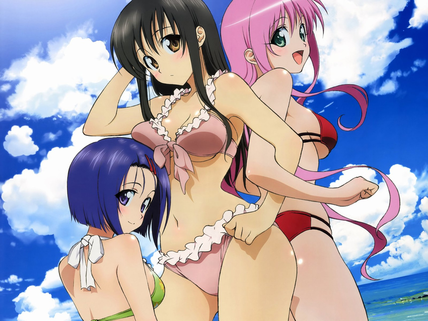 aqua_eyes artist_request bikini black_hair blue_eyes blue_hair blush breasts brown_eyes cloud day frilled_bikini frills front-tie_top hair_ornament hairclip highres kotegawa_yui lala_satalin_deviluke locked_arms long_hair looking_back medium_breasts multiple_girls navel open_mouth outdoors pink_hair sairenji_haruna short_hair sky small_breasts swimsuit to_love-ru underboob wallpaper water