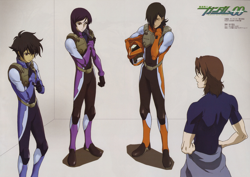 absurdres allelujah_haptism black_hair bodysuit brown_hair gundam gundam_00 helmet highres lockon_stratos matsukawa_tetsuya multiple_boys official_art purple_hair scan setsuna_f_seiei tieria_erde