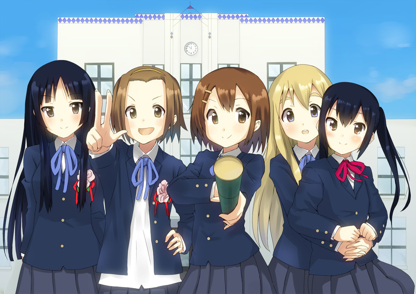 akiyama_mio bad_id bad_pixiv_id black_hair blazer blonde_hair blue_eyes brown_eyes brown_hair diploma hair_ornament hairband hairclip hime_cut hirasawa_yui hug jacket k-on! kotobuki_tsumugi long_hair masamuuu multiple_girls nakano_azusa party_popper school_uniform short_hair skirt tainaka_ritsu tears twintails v