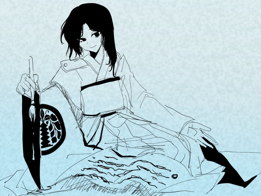 1other androgynous asymmetrical_hair calligraphy_brush closed_mouth crest film_grain fujiwara_no_iyozane fujiwara_no_iyozane_(past) full_body greyscale hair_over_shoulder hakama hakama_skirt highres holding holding_calligraphy_brush holding_paintbrush japanese_clothes kimono kneeling len'en long_sleeves looking_at_viewer medium_hair monochrome other_focus otogisum3 paintbrush parted_bangs scroll short_kimono sitting sketch skirt smile solo white_background wide_sleeves yokozuwari
