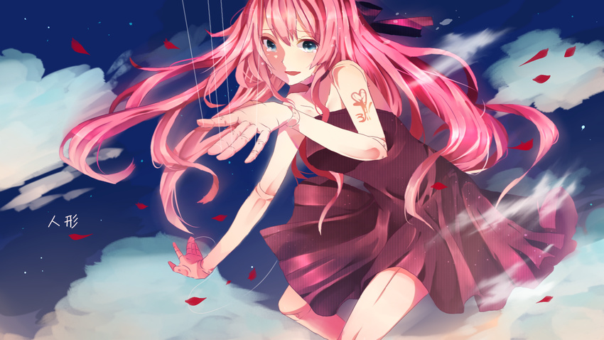 bad_id bad_pixiv_id blue_eyes doll doll_joints dress hair_ribbon hands highres itamidome long_hair megurine_luka pink_hair puppet puppet_strings ribbon smile solo tears very_long_hair vocaloid