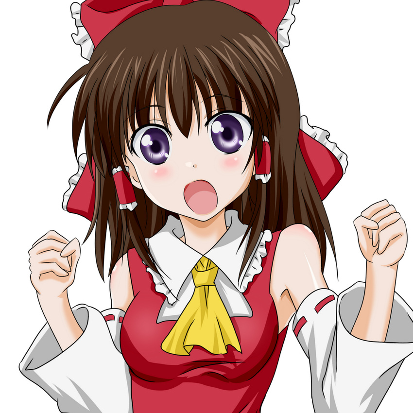 :o blush brown_hair clenched_hands detached_sleeves hakurei_reimu long_hair open_mouth purple_eyes simple_background solo takumi_(rozen_garten) touhou upper_body wide-eyed