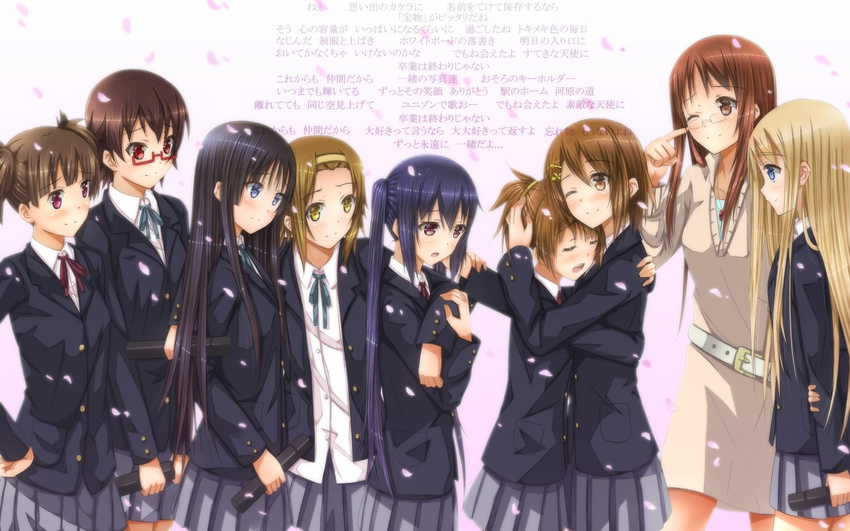 akiyama_mio bad_id bad_pixiv_id black_hair blonde_hair blue_eyes brown_eyes brown_hair diploma dress glasses hair_ornament hairband hairclip hime_cut hirasawa_ui hirasawa_yui hug jewelry k-on! kotobuki_tsumugi long_hair lyrics manabe_nodoka multiple_girls nakano_azusa necklace one_eye_closed petals pleated_skirt purple_eyes red_eyes school_uniform short_hair short_twintails siblings sisters skirt suzuki_jun swordsouls tainaka_ritsu tears translated twintails wallpaper yamanaka_sawako yellow_eyes