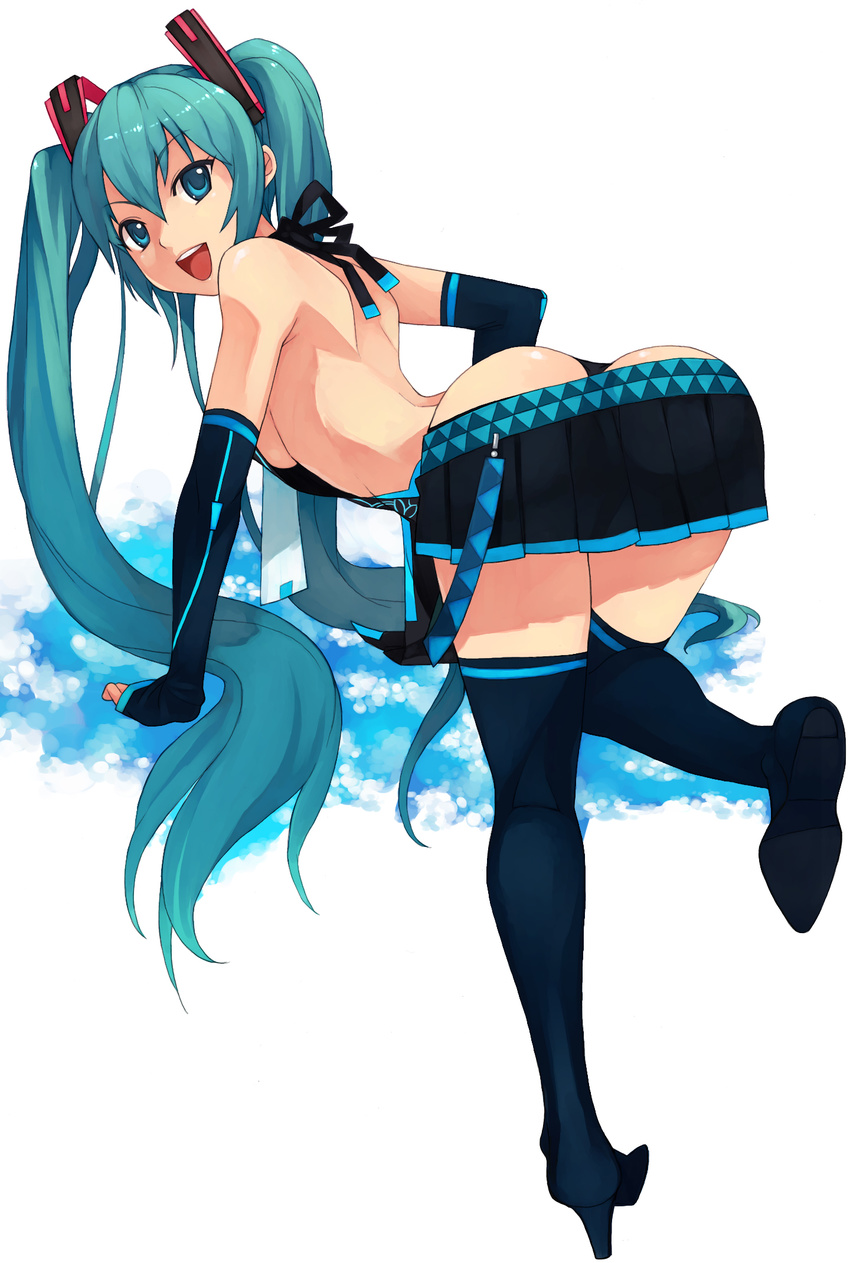 all_fours aqua_eyes aqua_hair ass back boots breasts detached_sleeves from_behind hatsune_miku high_heels highres legs long_hair looking_back miniskirt penguin_caee shoes sideboob skirt small_breasts smile solo thigh_boots thighhighs twintails vocaloid zettai_ryouiki