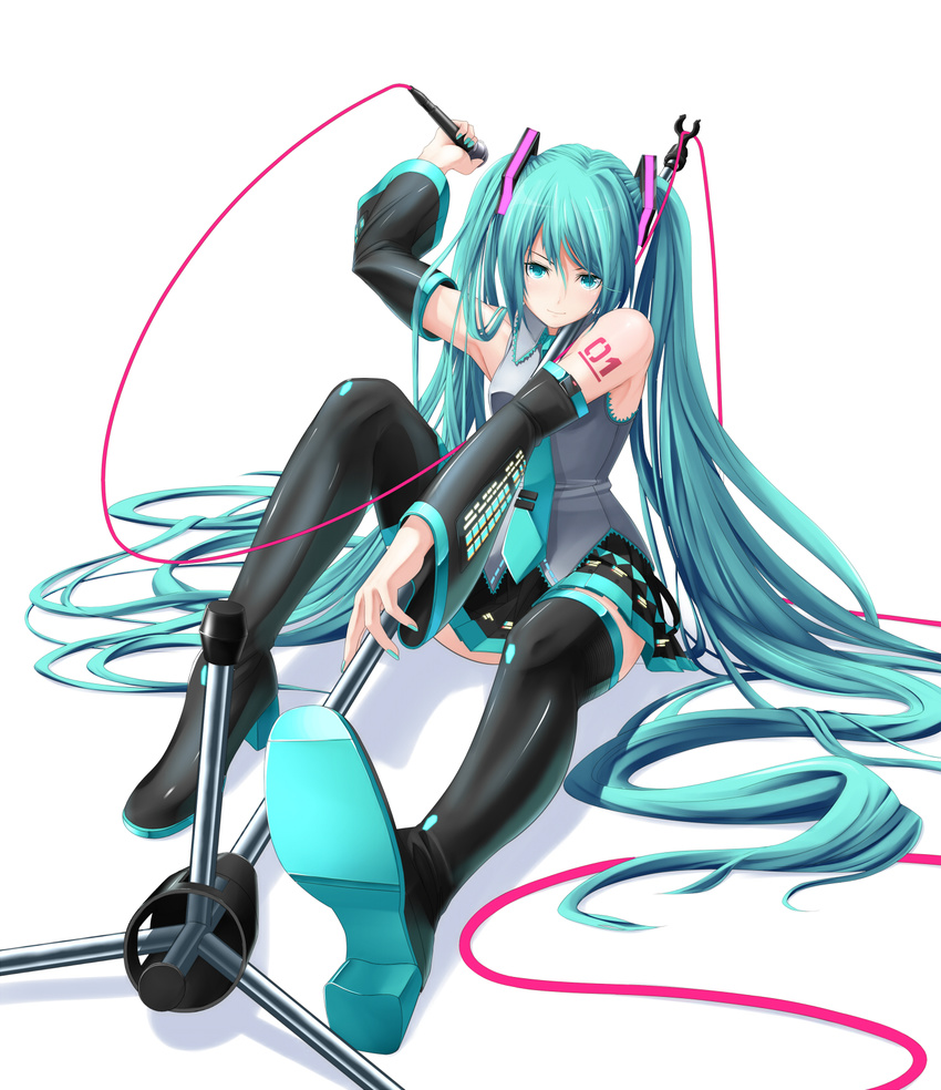 aqua_nails bangs black_legwear cable colorized detached_sleeves eto foreshortening hatsune_miku highres legs long_hair microphone microphone_stand nail_polish necktie skirt solo thighhighs very_long_hair vocaloid