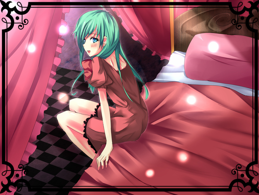 bed checkered checkered_floor dress green_eyes green_hair kagiyama_hina long_hair pillow solo touhou ultimate_ruirui